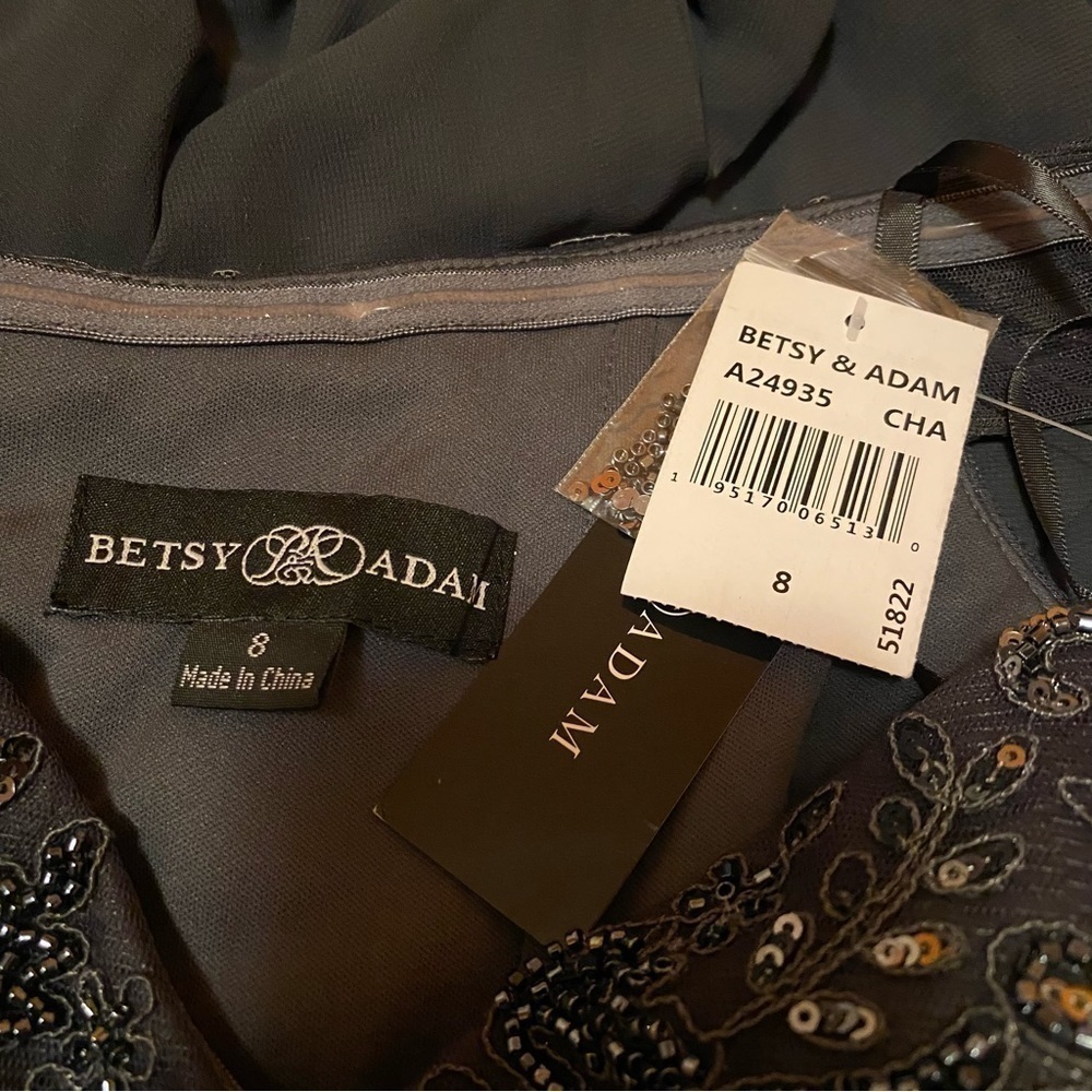 BETSY & ADAM Embellished Off-The-Shoulder Chiffon Gown in Charcoal - Picture 4 of 4